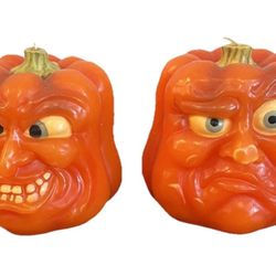Pumpkin Jack-O-Lantern Candle Anthropomorphic Halloween Face Wax Pair Set 2 New