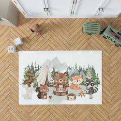 Kids room Rug 20" × 32" - Woodland Animals Camping theme Area Rug for nursery or boys bedroom or playroom