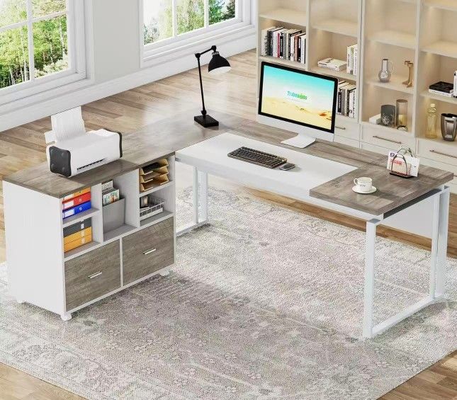 F2372AB L-Shaped Executive Desk with Reversible File Cabinet, 63" Office Desk with Storage Drawers, L-Shaped Computer Desk with Drawer Cabinet for Han