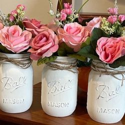 3 PINK faux roses in White Chalk Painted Mason Jars 
