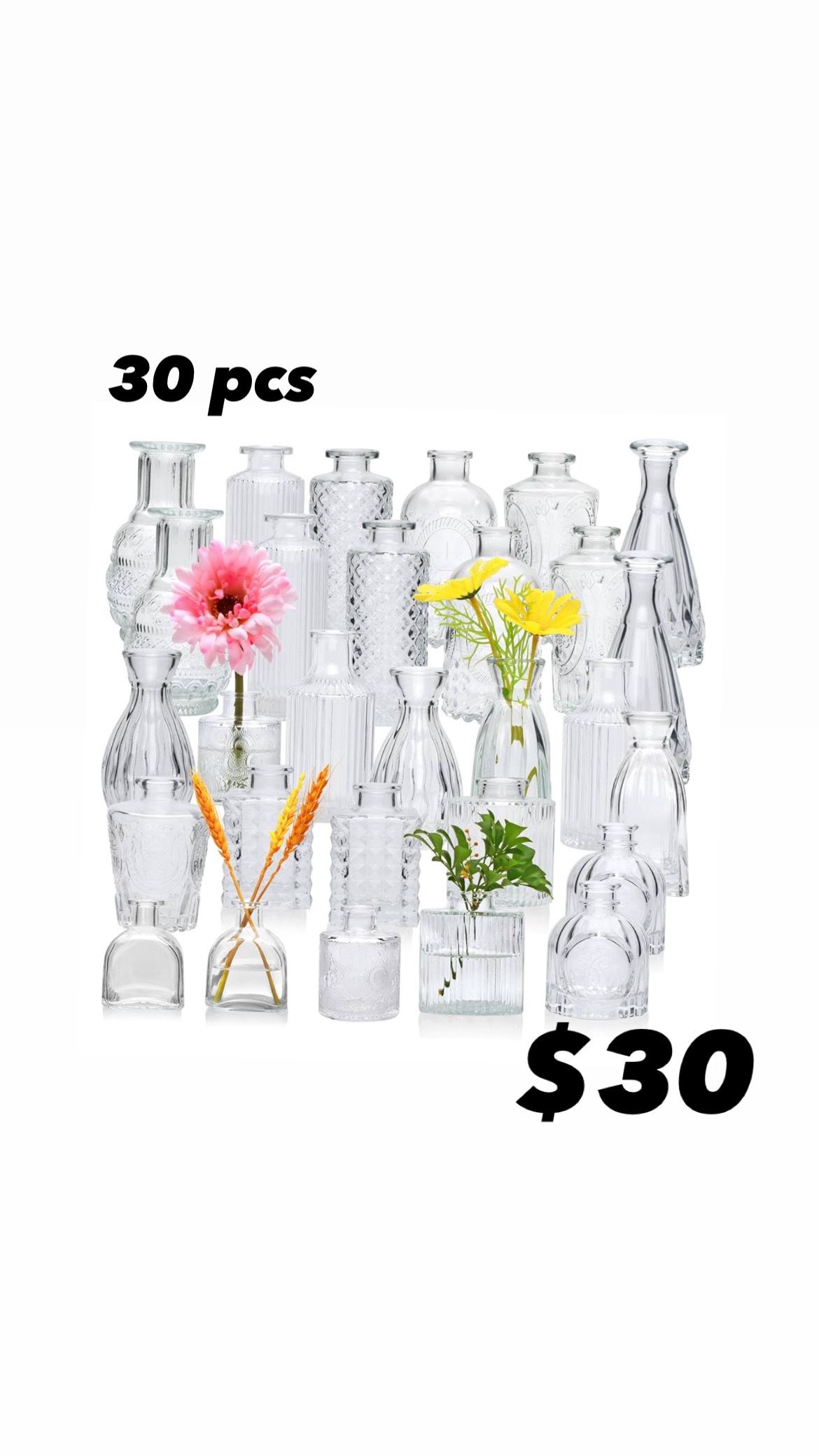 30 Glass Bud Vases NEW