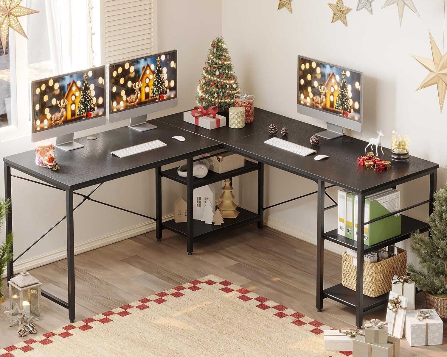 Bestier 95.2” L Shaped Desk, Reversible Corner Computer Desk or 2 Person Long Table with Adjustable Shelves, Large Writing Study Workstation with 3 Ca