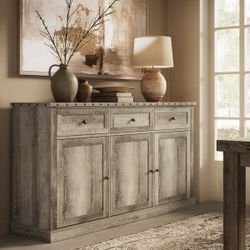Rustic Farmhouse Beige Wood 65 in. Sideboard Buffet with 3 Doors Drawers, Rivet Storage Cabinet for Kitchen Dining Room