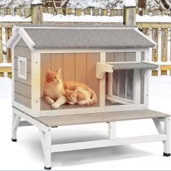 Insulated Cat House Weatherproof Outdoor Feral Cats Shelter Warm Home for Winter Indoor Cat Condo Elevated 8.3" Platform Balcony Waterproof Roof for1-