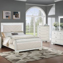 New❕ 5pcs Queen Bedroom Set Cream Color (Bed + Night Stand + Dresser + Mirror + Chest) (Mattress is not Included)