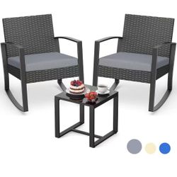 3-Piece Patio Furniture Set, Outdoor Rocking Chair Set with Cushion, Modern Rattan Conversation Set for Porches and Balconies, Gray Cushion $ 80