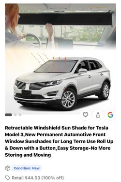 Retractable Windshield Sun Shade for Tesla Model 3, New Permanent Automotive Front Window Sunshades for Long Term Use