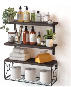 Bathroom Shelves with Storage Basket, Set of 3, Natural Wood Floating Wall Shelf for Home Organization & Wall Decor, 22 lbs Capacity per Shelf, Solid
