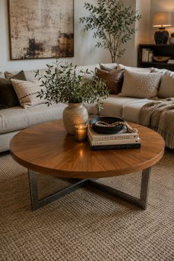 Designer Walnut Sunburst Coffee Table – Chrome Geometric Base