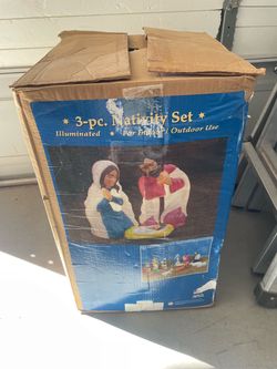 Vtg. Blow Mold 3 Piece Lighted Blow Nativity Set Box