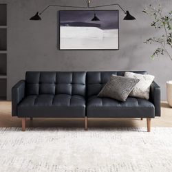 mopio 76.4" Futon Sofa Bed, Couch, Loveseat, Sleeper Sofa, Mid Century Modern Futon Couch, Sofa Cama, Couches for Living Room (Aaron PU, Midnight Blac
