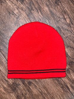 Red Knit Beanie with Black Stripes