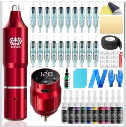 Wireless Tattoo Gun Kit, Rotary Tattoo Pen with 1500mAh Battery, Screen Display, 20 Cartridge Needles, 10 Inks, Complete Tattoo Gun Kit for Beginners