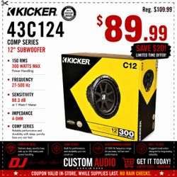 Kicker Comp Series 12" Bass Speaker C12 4-Ohm Subwoofer 300 Watts 43C104 🚨 Payment Options Available 🚨 No Credit Needed 🚨