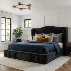 2421a $280 49" Cloud Bed Frame Queen Size with Tall Wingback Headboard Soft Shimmering Fabric & Thick Corduroy, Slip Resistant, Scratch Resistant, No 