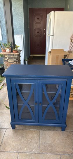 Blue Wood Cabinet with Glass Doors HEIGHT 34in LENGTH 32in DEPTH 15in