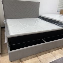 NEW IN BOX Grey Platform Storage Bench Bed Frame King & Queen Size