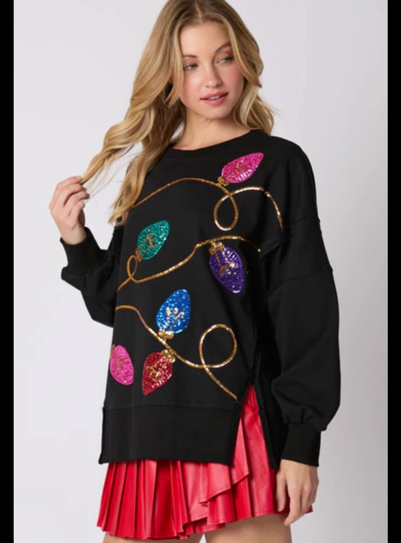 CHRISTMAS LIGHTS SEQUINS SWEATSHIRT TOP BLACK