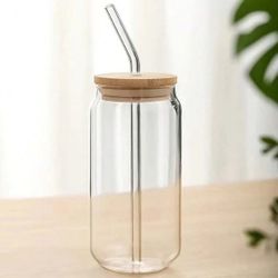 1 Glass With Bamboo Lid And Glass Straw, Easter Gift For Wife Or Mother - Cylindrical Drinking Cup Gift, 16 Oz Iced Coffee Cup, Cute Milkshake Cup