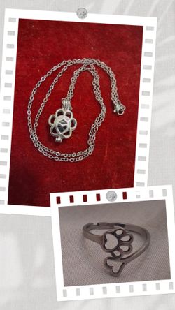 Stainless Steel PAW PRINT Pendant 22" Necklace and PAW/HEART Ring Adjustable