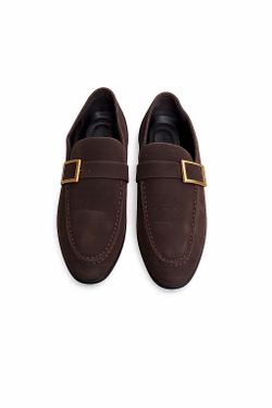 Men’s Brown Suede Loafers Gold Buckle Size 9