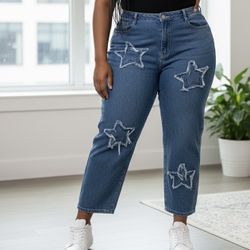 Denim Jeans with Frayed Star Design
