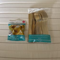 Gold Metallic Balloons & Gold Disposable Plastic Cutlery 