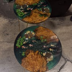 Round Koi Resin and Wood Side Table 