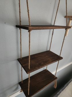 3 Tier Solid Wood And Rope Wall Decor Shelves In Very Good Condition! 