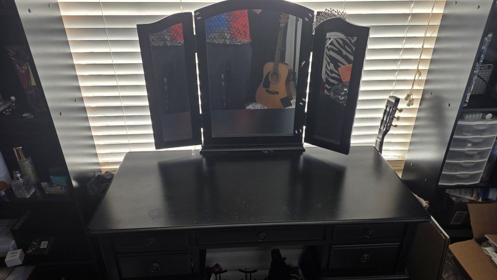 Dark Wooden Vanity With Folding Mirror