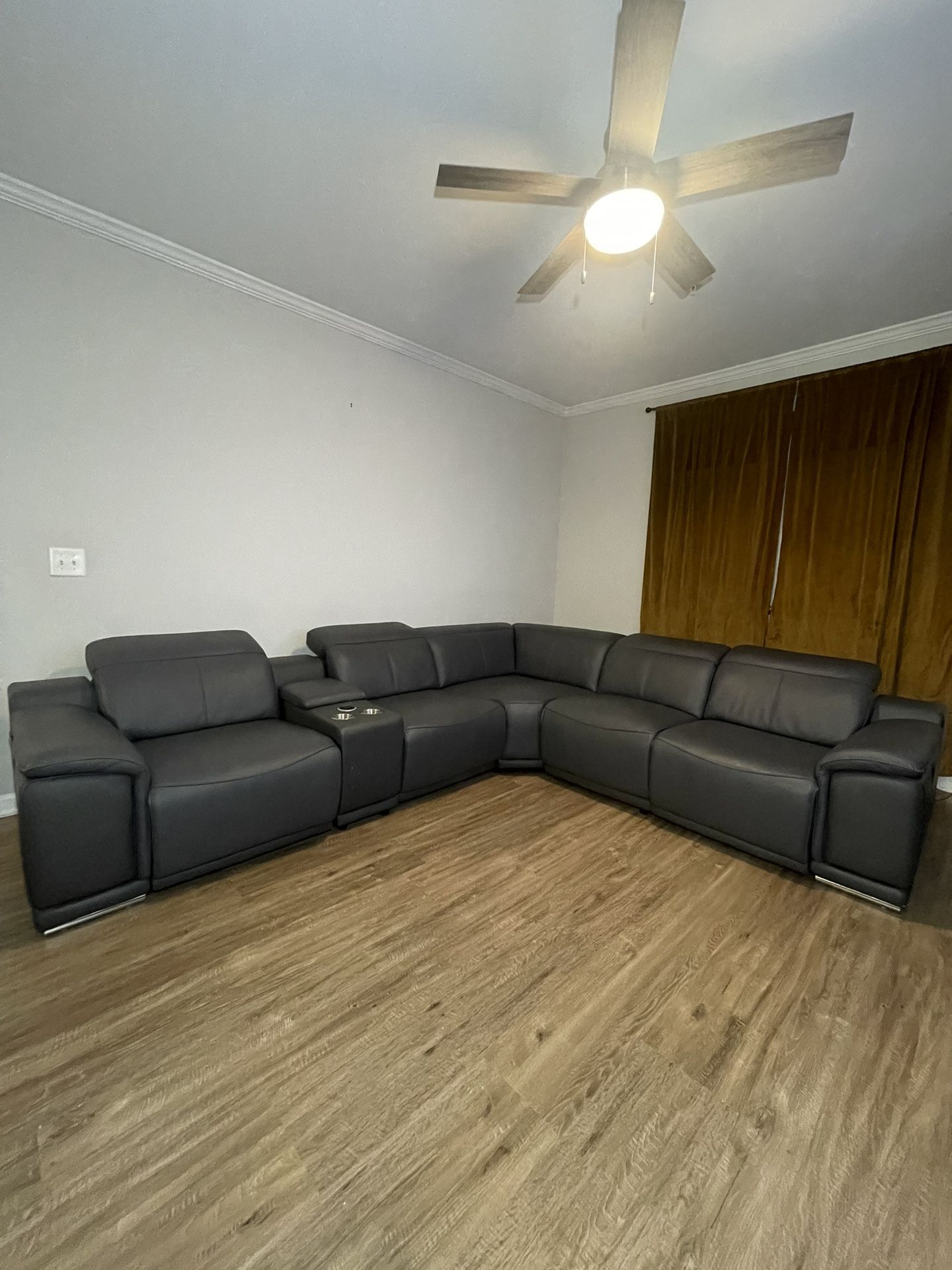 Grey Leather Reclining Sofa with Console