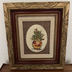 Vintage Boho MCM Jungalow Farmhouse Mexican Pottery Crewel Picture Wood Frame