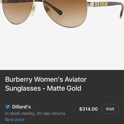 Burrberry women’s aviator sunglasses matte gold