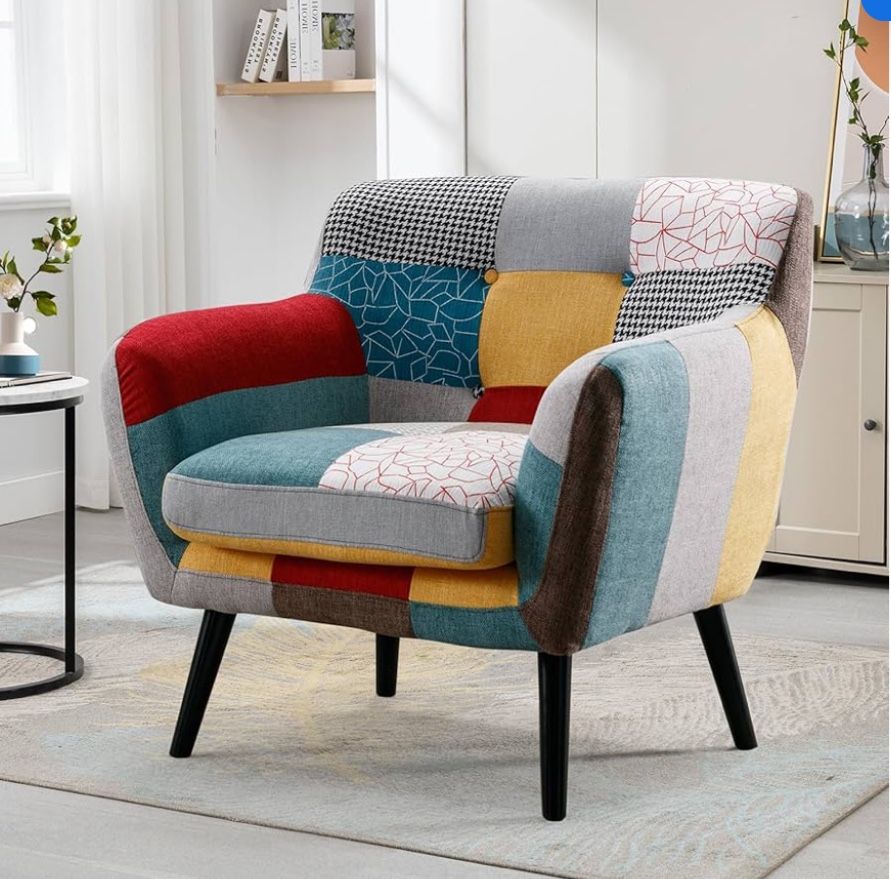 Bonzy Home Modern Accent Chair for Living Room, Colorful Boho Linen Fabric Upholstered Armchair with Wood Legs, Single