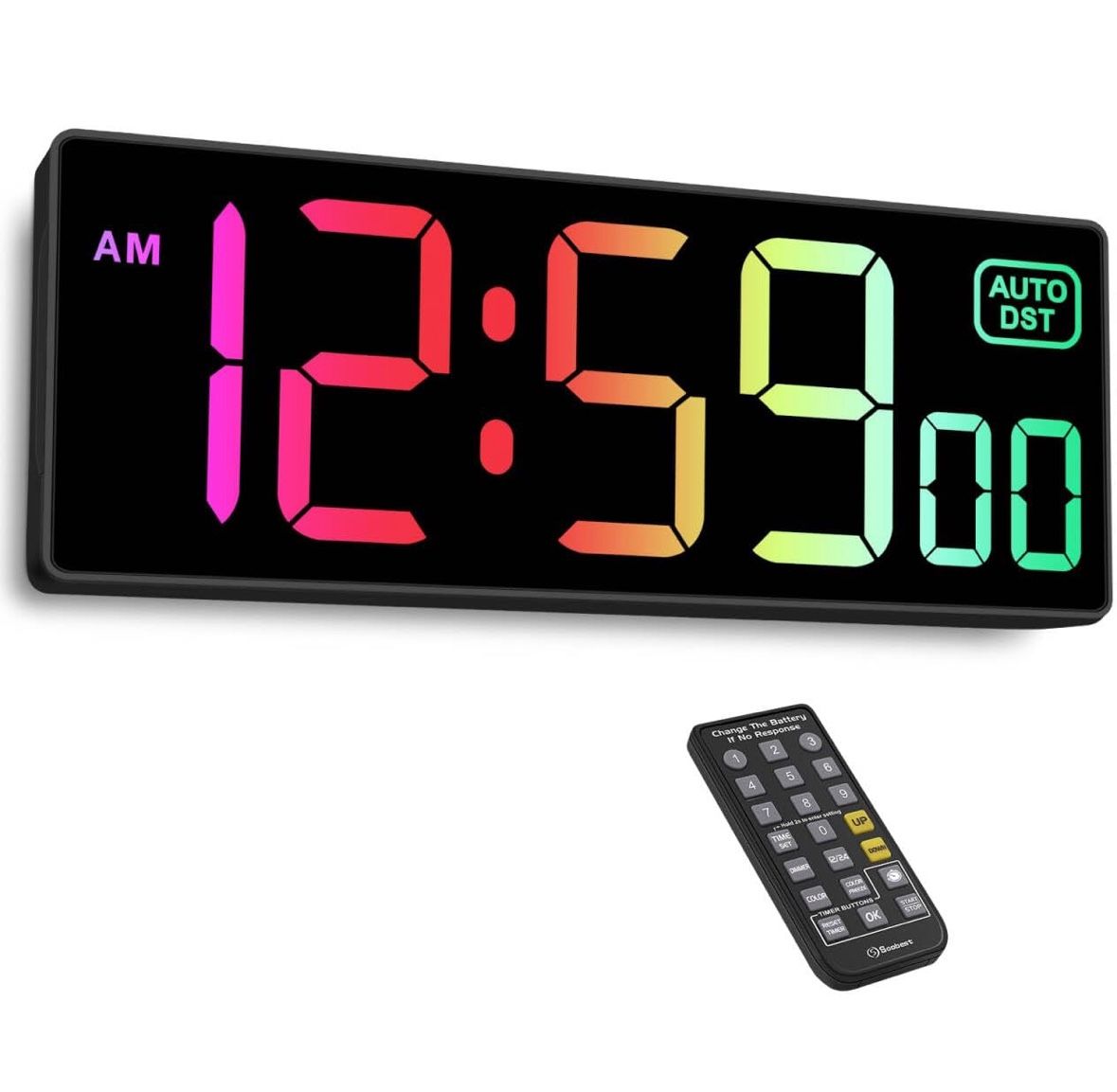 Soobest Digital Wall Clock with Remote Countdown Electrical Timer Seconds for Gym Living Room Office Classroom, 8 RGB Colors, Auto DST, Corded Plug in