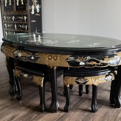 Vintage Asian Style Furniture Set – Coffee Table, 6 Chairs & Cabinet