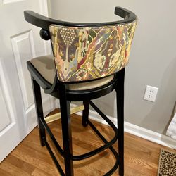 Vintage High Bar Stool Back & Arms W/ Colorful Fabric Back Upholstery