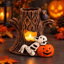 Vintage Kmart Halloween Candle Holder Set – Pumpkin & Spooky Tree