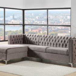 Brand New Reversible Grey Velvet Sectional with Storage Chaise