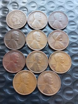 1909 INDIAN CENT + 10 LINCOLN WHEAT CENTS 1909 10 11 12 13 14 16 17 18 19 (11 COINS TOTAL) 