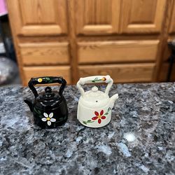 Vintage Cast Iron Black and White with Floral design Small Tea Pots pair of Salt and Pepper Shakers.  Size approximately 1 3/4 inches tall.  Preowned 