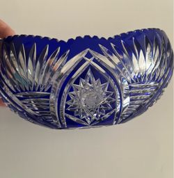 Vintage Bohemian Czech Cobalt Blue Cut Crystal Bowl