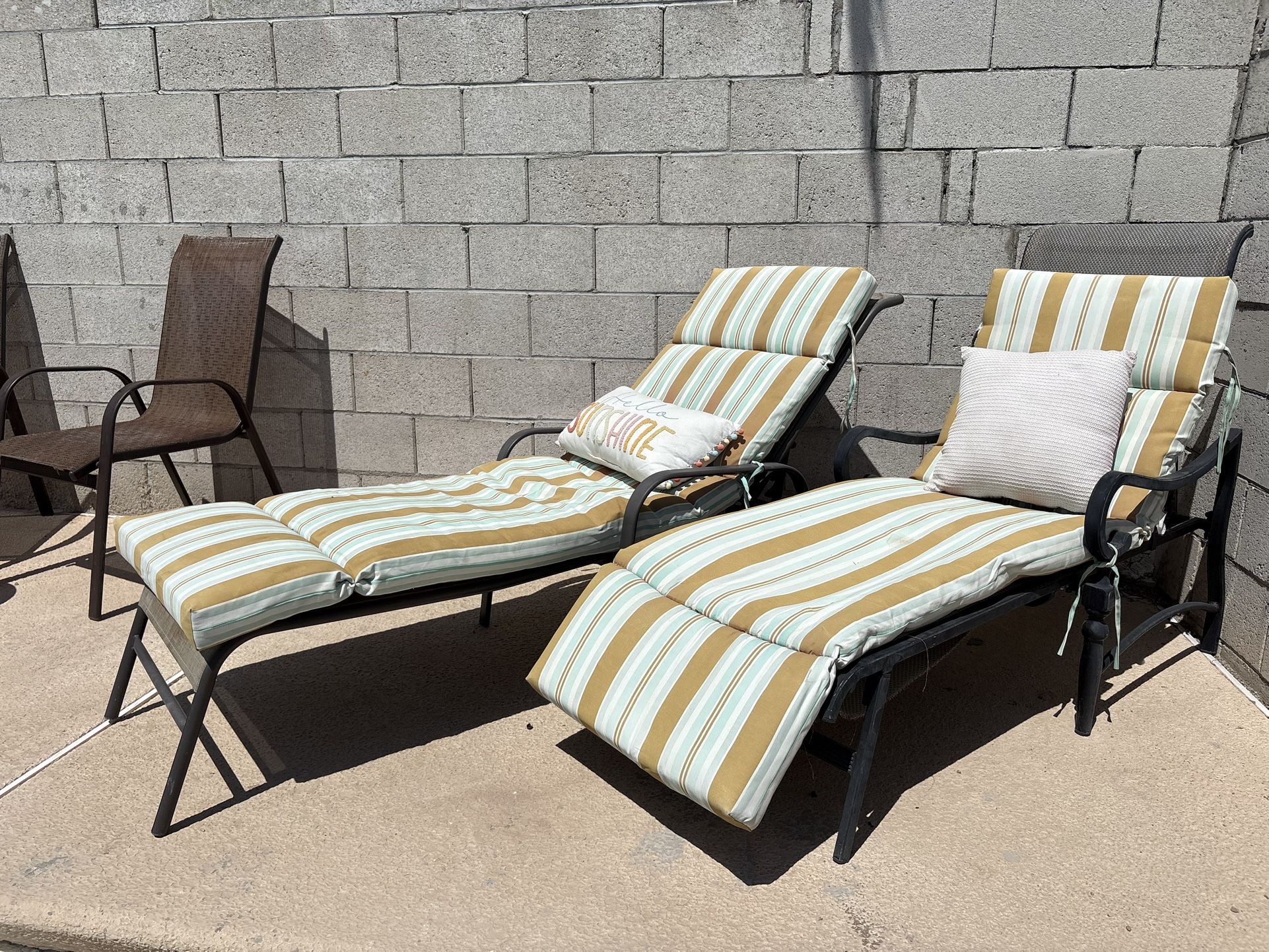 2 Metal Pool Lounge Chairs, One Need Repaired - Cushions Included 