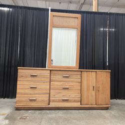 Broyhill Oak Triple Dresser with Attached Mirror