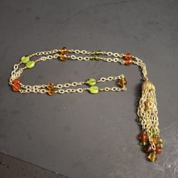 Vintage Tassel Pendant Necklace, Gold Plated With Earthy Color Faceted Glass Beads 36" Chain W/4.5" Tassel 