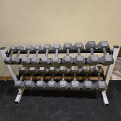 10lb thru 50lb Metal Hex Dumbbell Set With Rack