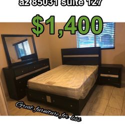 Queen Size Platform Bedroom Set Include Bed Frame Dresser Mirror Nigstand And Pillow Top Mattress 