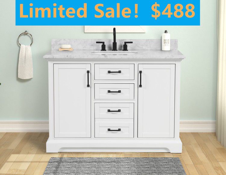 48-in Carrara White Bathroom Vanity with Natural Marble Top,3503-C832M ON SALE