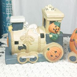 Vtg 3 Pc Eerie Express Ceramic Halloween Pumpkin Ghost Train Set Fall Home Decor