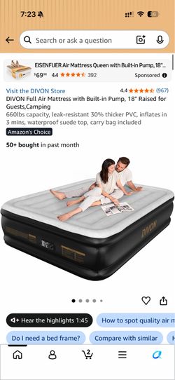DIVON Full Air Mattress with Built-in Pump, 18" Raised for Guests,Camping 660lbs capacity, leak-resistant 30% thicker PVC, inflates in 3 mins, waterpr